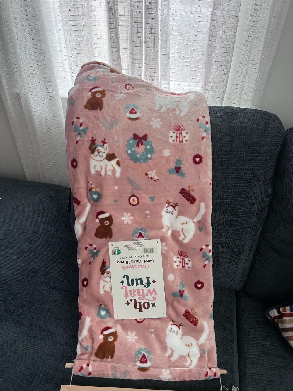 Pink Christmas blanket dog act with santa hat oversized plush Blanket 50x70